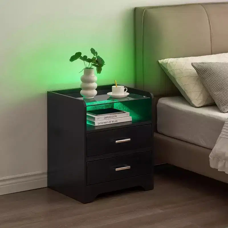 LED Nightstand with Glass Top, Modern Wood Bedside Table with LED Lights, Small Bedroom Side Table, Display End Table for Living Room