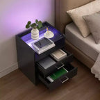LED Nightstand with Glass Top, Modern Wood Bedside Table with LED Lights, Small Bedroom Side Table, Display End Table for Living Room