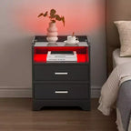 LED Nightstand with Glass Top, Modern Wood Bedside Table with LED Lights, Small Bedroom Side Table, Display End Table for Living Room