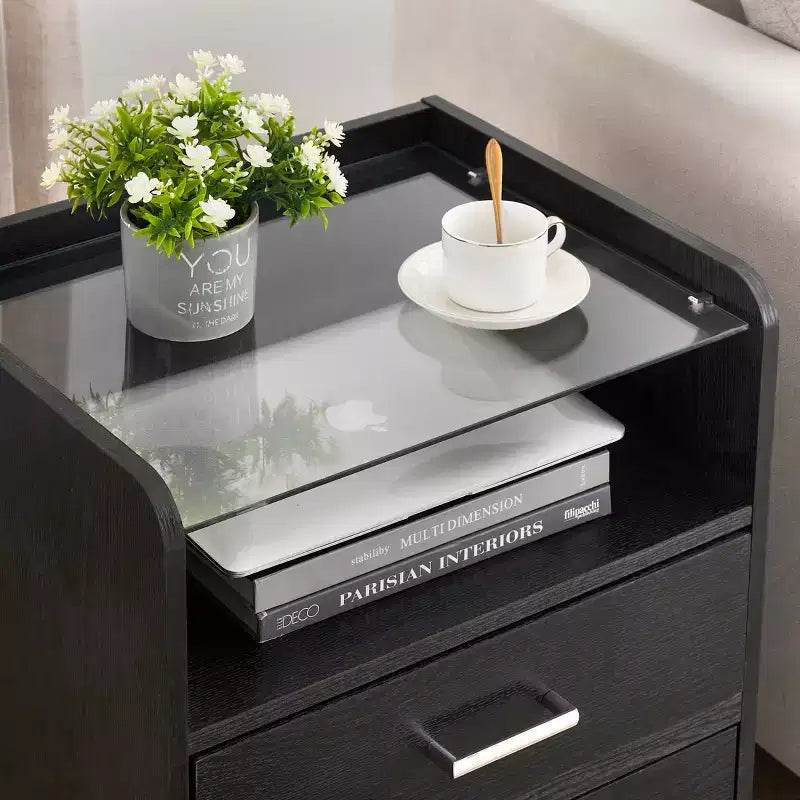 LED Nightstand with Glass Top, Modern Wood Bedside Table with LED Lights, Small Bedroom Side Table, Display End Table for Living Room