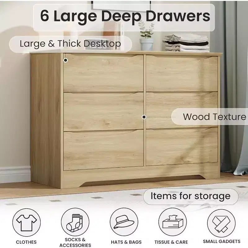 GustoWave Modern Closet, Wooden Storage Dresser with 6 Drawers for Bedroom, Living Room, Hallway, Natural