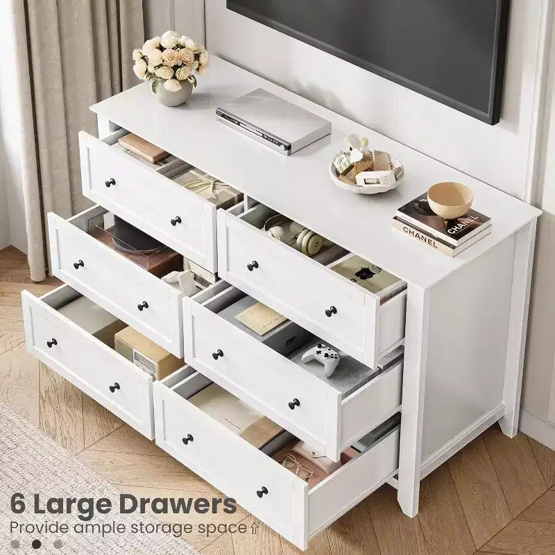 GustoWave Modern 54 Wide Large 6 Drawer Dresser for Bedroom, Entryway, Hallway, White
