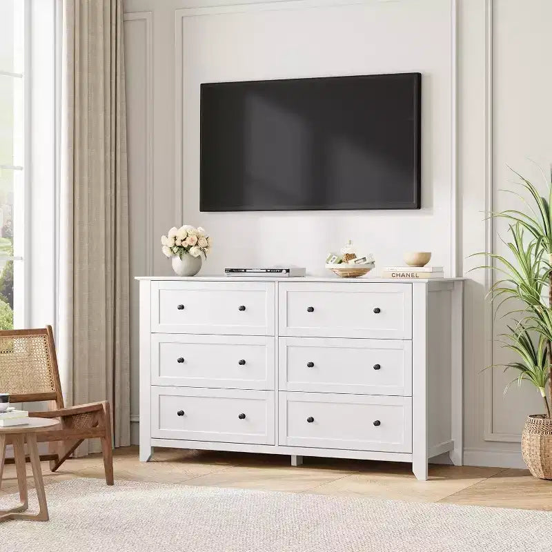 GustoWave Modern 54 Wide Large 6 Drawer Dresser for Bedroom, Entryway, Hallway, White
