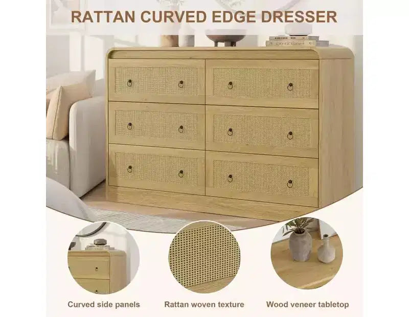 Rattan 6 Drawer Dresser for Bedroom, 46W Wooden Chest of Drawers, Dresser TV Stand, Clothing Storage Organizer for Living Room, Black