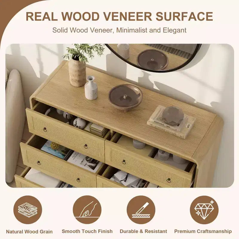 Rattan 6 Drawer Dresser for Bedroom, 46W Wooden Chest of Drawers, Dresser TV Stand, Clothing Storage Organizer for Living Room, Black
