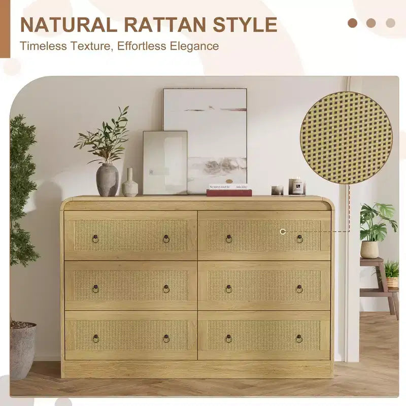 Rattan 6 Drawer Dresser for Bedroom, 46W Wooden Chest of Drawers, Dresser TV Stand, Clothing Storage Organizer for Living Room, Black