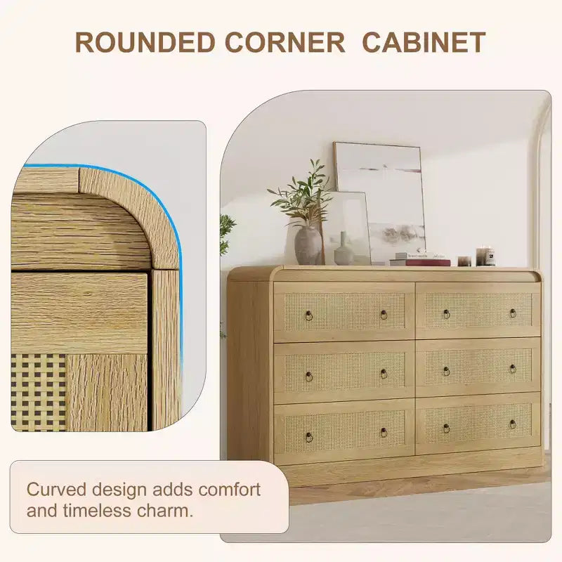 Rattan 6 Drawer Dresser for Bedroom, 46W Wooden Chest of Drawers, Dresser TV Stand, Clothing Storage Organizer for Living Room, Black