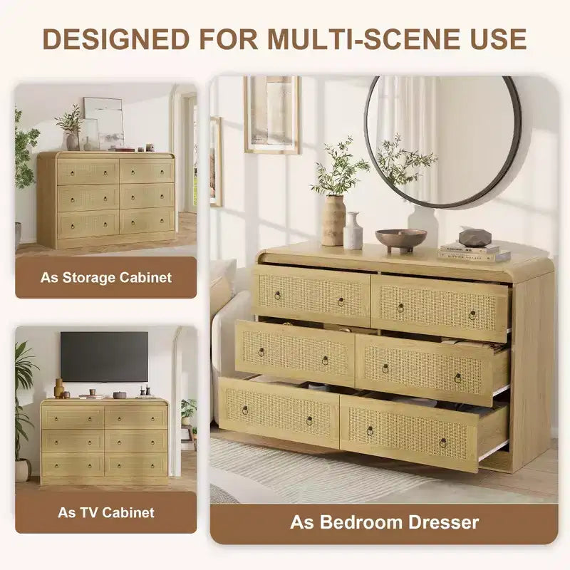 Rattan 6 Drawer Dresser for Bedroom, 46W Wooden Chest of Drawers, Dresser TV Stand, Clothing Storage Organizer for Living Room, Black