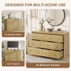 Rattan 6 Drawer Dresser for Bedroom, 46W Wooden Chest of Drawers, Dresser TV Stand, Clothing Storage Organizer for Living Room, Black