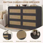 Rattan 6 Drawer Dresser for Bedroom, 46W Wooden Chest of Drawers, Dresser TV Stand, Clothing Storage Organizer for Living Room, Black