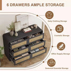 Rattan 6 Drawer Dresser for Bedroom, 46W Wooden Chest of Drawers, Dresser TV Stand, Clothing Storage Organizer for Living Room, Black