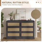Rattan 6 Drawer Dresser for Bedroom, 46W Wooden Chest of Drawers, Dresser TV Stand, Clothing Storage Organizer for Living Room, Black