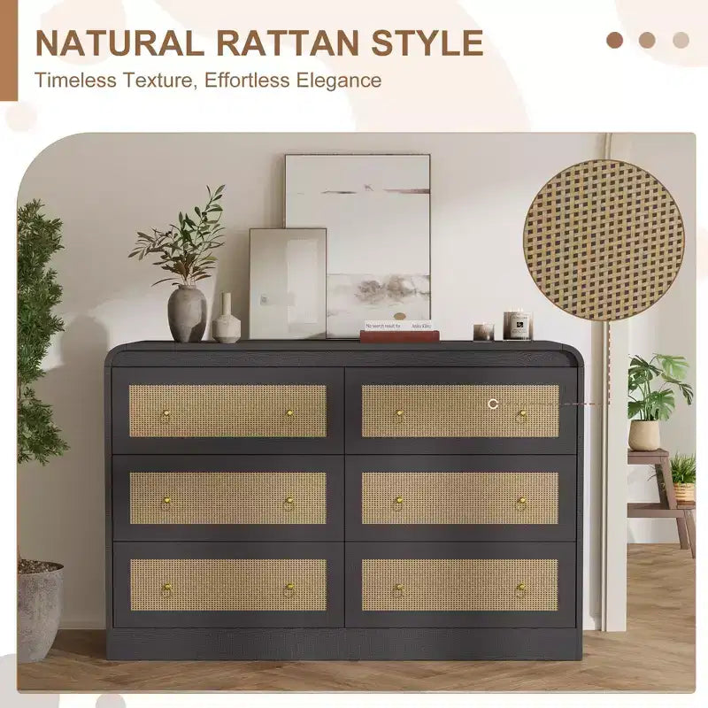 Rattan 6 Drawer Dresser for Bedroom, 46W Wooden Chest of Drawers, Dresser TV Stand, Clothing Storage Organizer for Living Room, Black