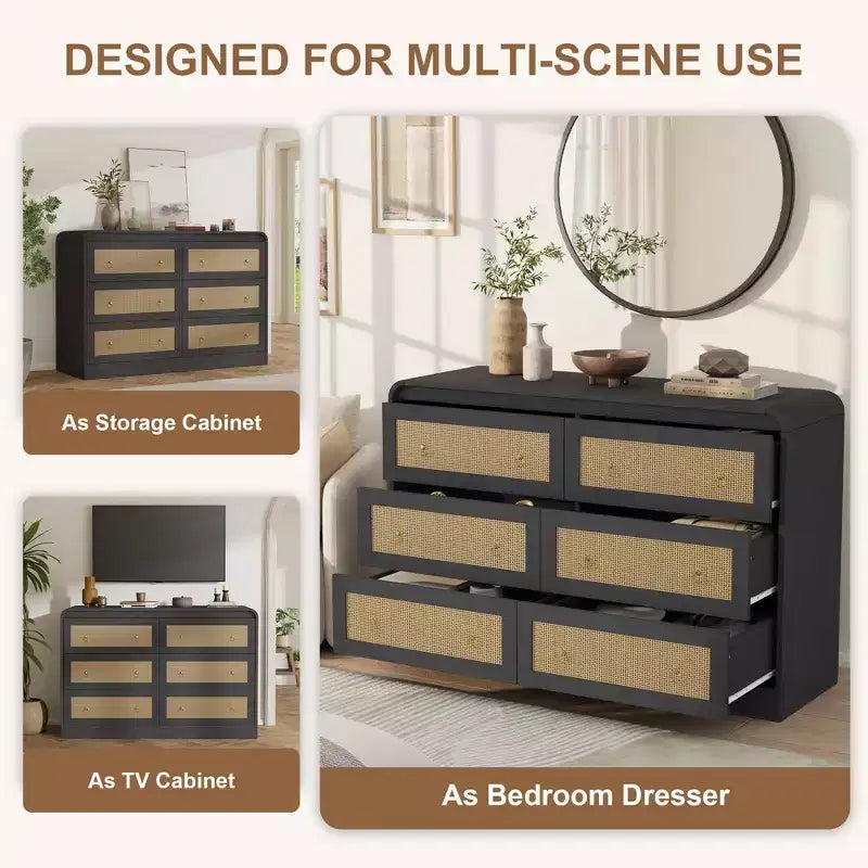 Rattan 6 Drawer Dresser for Bedroom, 46W Wooden Chest of Drawers, Dresser TV Stand, Clothing Storage Organizer for Living Room, Black