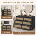 Rattan 6 Drawer Dresser for Bedroom, 46W Wooden Chest of Drawers, Dresser TV Stand, Clothing Storage Organizer for Living Room, Black