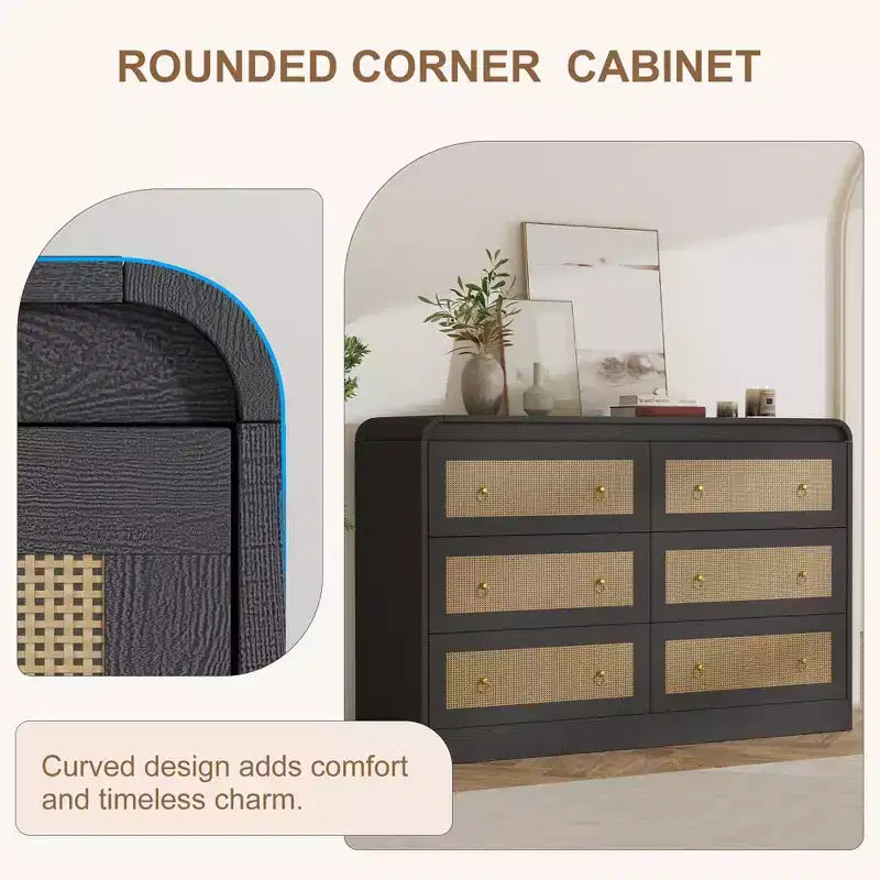 Rattan 6 Drawer Dresser for Bedroom, 46W Wooden Chest of Drawers, Dresser TV Stand, Clothing Storage Organizer for Living Room, Black