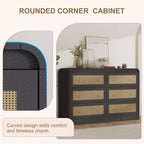 Rattan 6 Drawer Dresser for Bedroom, 46W Wooden Chest of Drawers, Dresser TV Stand, Clothing Storage Organizer for Living Room, Black