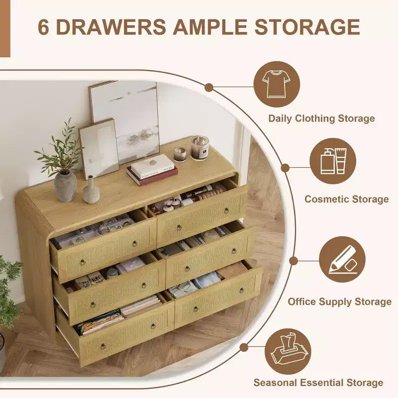 Rattan 6 Drawer Dresser for Bedroom, 46W Wooden Chest of Drawers, Dresser TV Stand, Clothing Storage Organizer for Living Room, Black