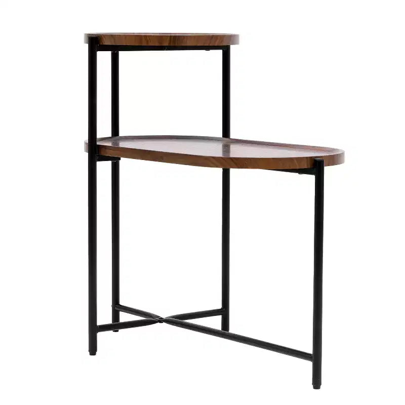 Walnut Brown 2-Tier Small Coffee Table, Wood Storage Shelf Metal Frame Sofa Side End Table for Living Room
