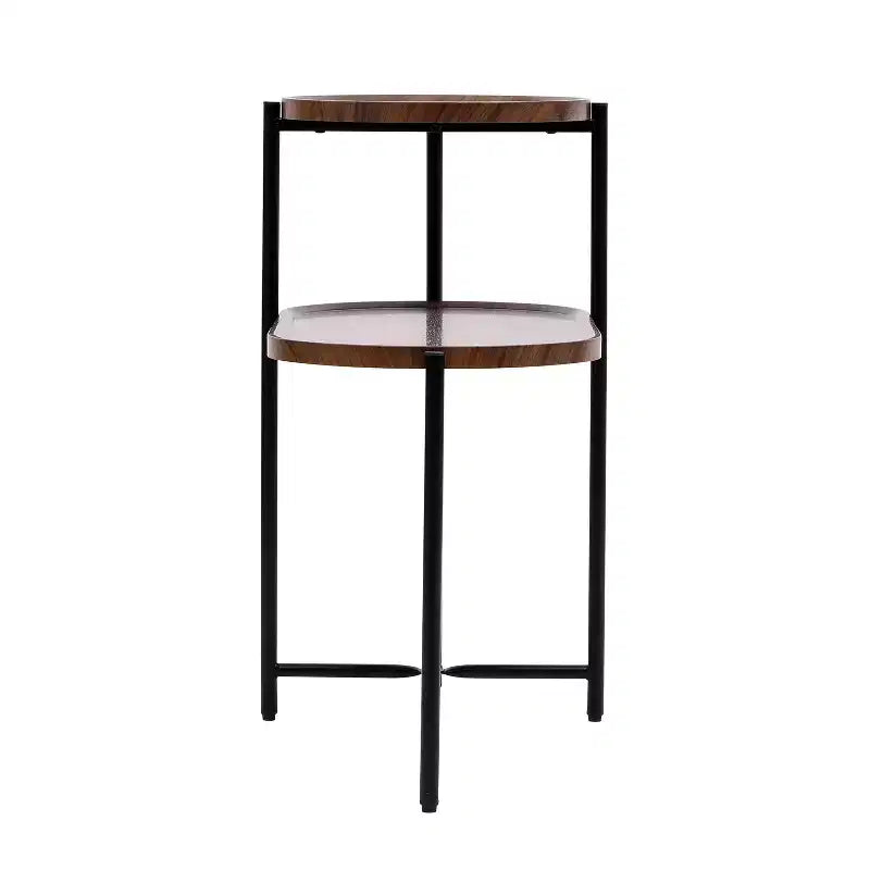 Walnut Brown 2-Tier Small Coffee Table, Wood Storage Shelf Metal Frame Sofa Side End Table for Living Room