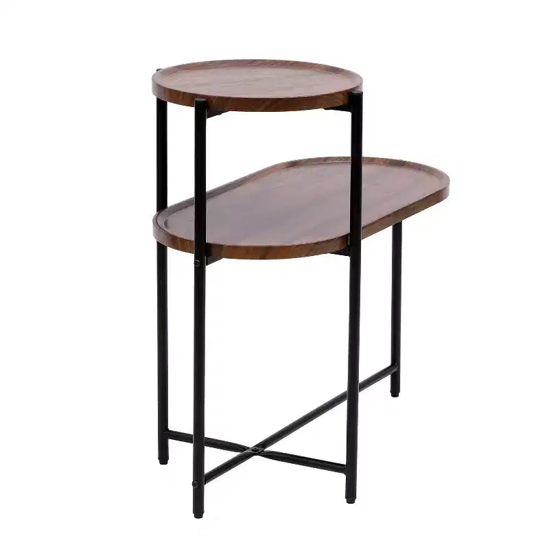 Walnut Brown 2-Tier Small Coffee Table, Wood Storage Shelf Metal Frame Sofa Side End Table for Living Room