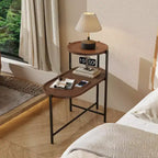 Walnut Brown 2-Tier Small Coffee Table, Wood Storage Shelf Metal Frame Sofa Side End Table for Living Room