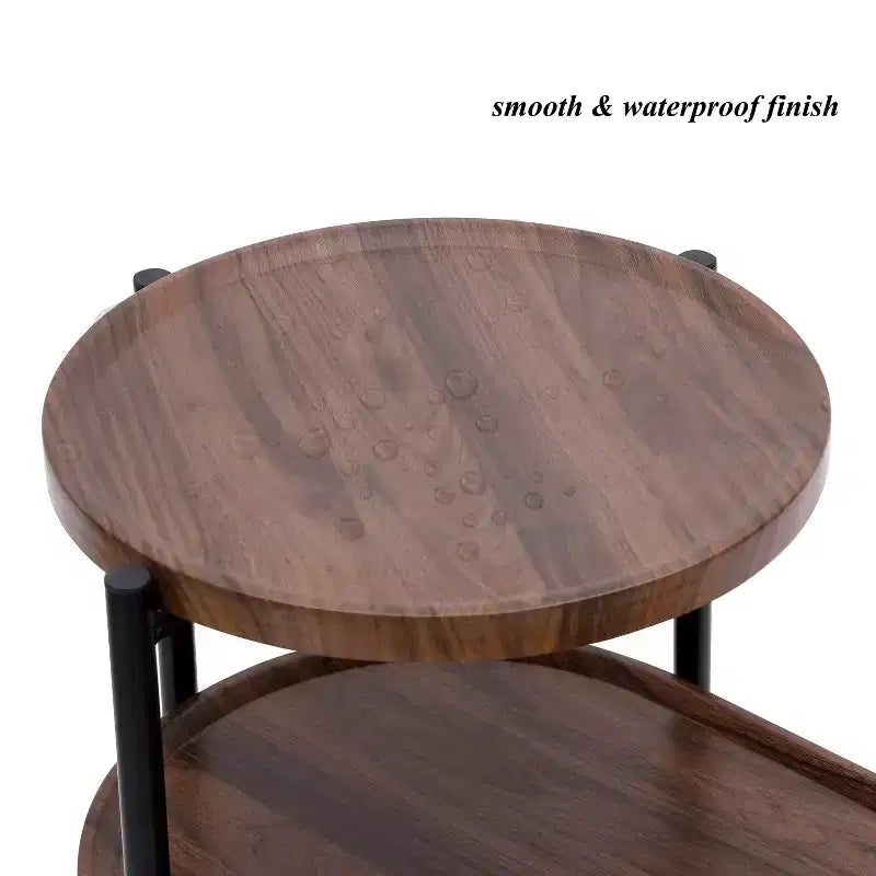 Walnut Brown 2-Tier Small Coffee Table, Wood Storage Shelf Metal Frame Sofa Side End Table for Living Room