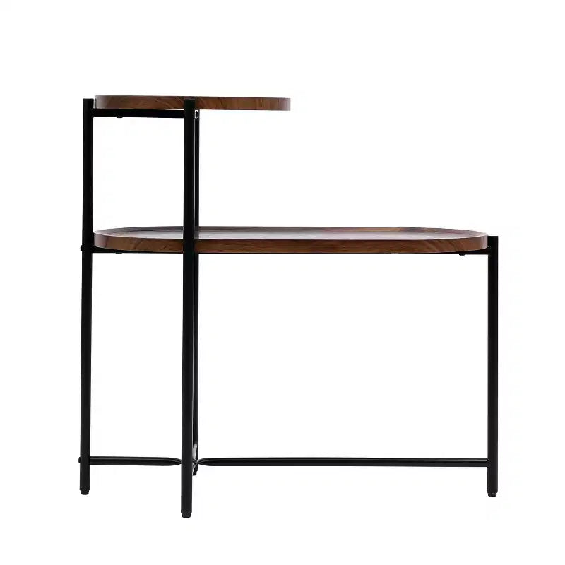Walnut Brown 2-Tier Small Coffee Table, Wood Storage Shelf Metal Frame Sofa Side End Table for Living Room