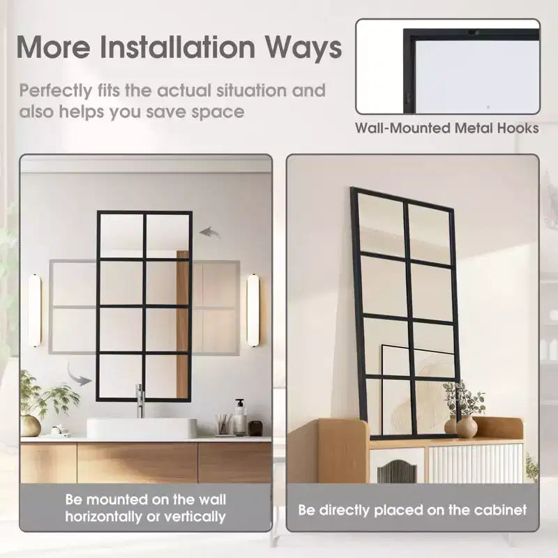 JIONJOY Minimalist Black Metal Framed Wall Mirror, Window-Style Accent Mirror, Shatterproof Entryway Mirror