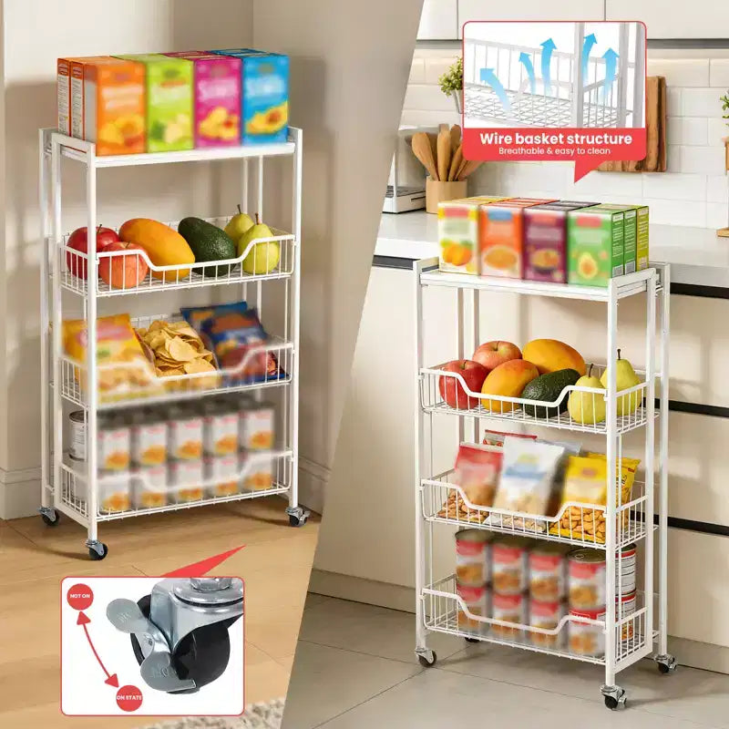 3-Tier Collapsible Kitchen Storage Cart, Iron Frame & Shelves, Space-Saving Pantry Organizer for Fruit, Snacks, Utility Cart with Locking Casters