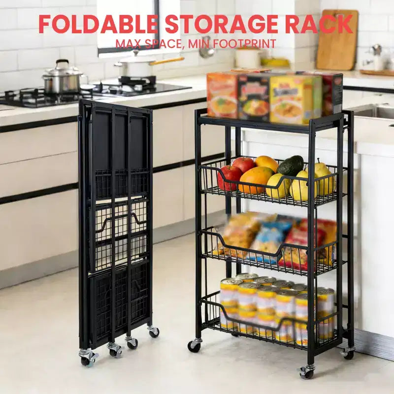 3-Tier Collapsible Kitchen Storage Cart, Iron Frame & Shelves, Space-Saving Pantry Organizer for Fruit, Snacks, Utility Cart with Locking Casters