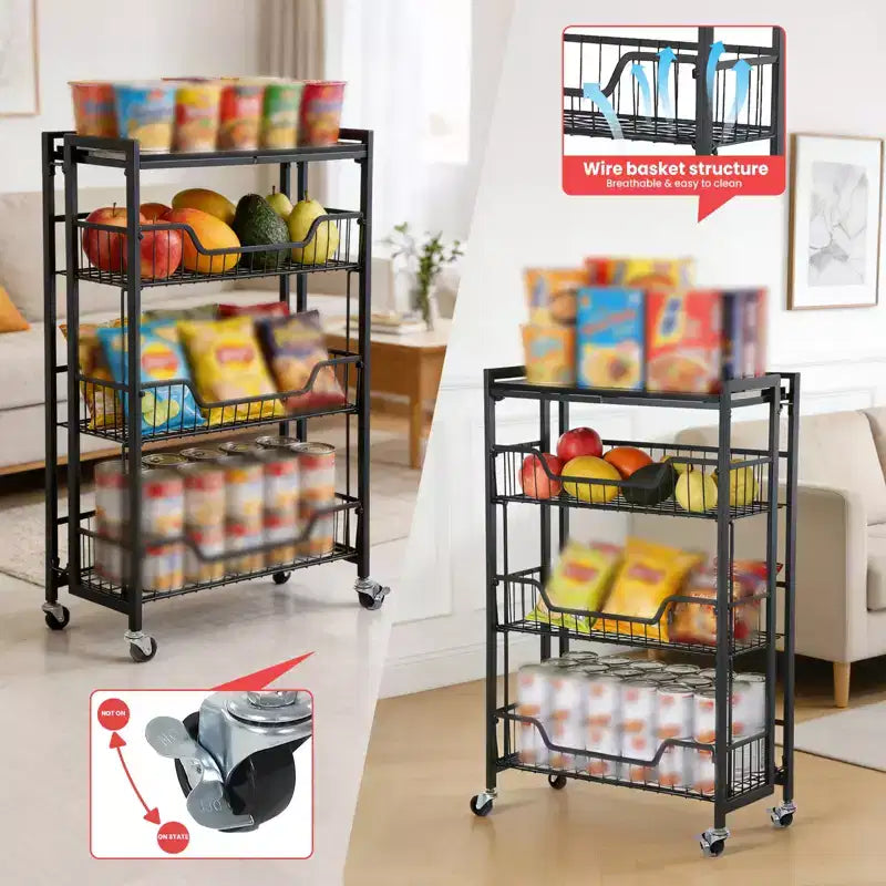 3-Tier Collapsible Kitchen Storage Cart, Iron Frame & Shelves, Space-Saving Pantry Organizer for Fruit, Snacks, Utility Cart with Locking Casters