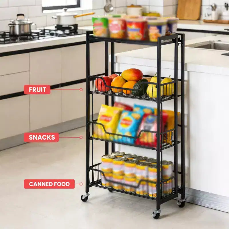 3-Tier Collapsible Kitchen Storage Cart, Iron Frame & Shelves, Space-Saving Pantry Organizer for Fruit, Snacks, Utility Cart with Locking Casters