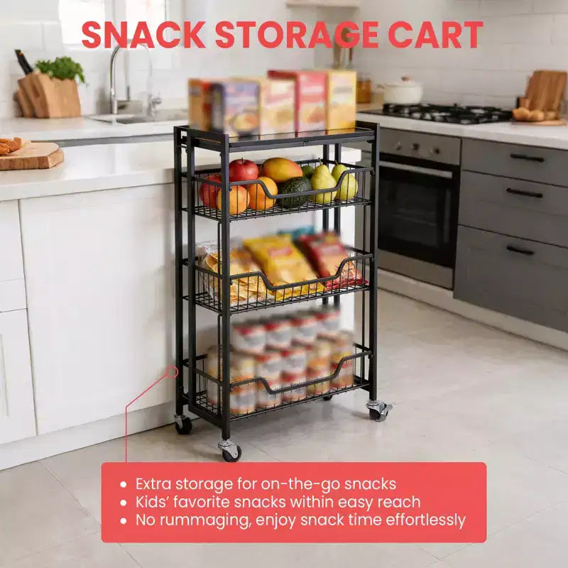 3-Tier Collapsible Kitchen Storage Cart, Iron Frame & Shelves, Space-Saving Pantry Organizer for Fruit, Snacks, Utility Cart with Locking Casters