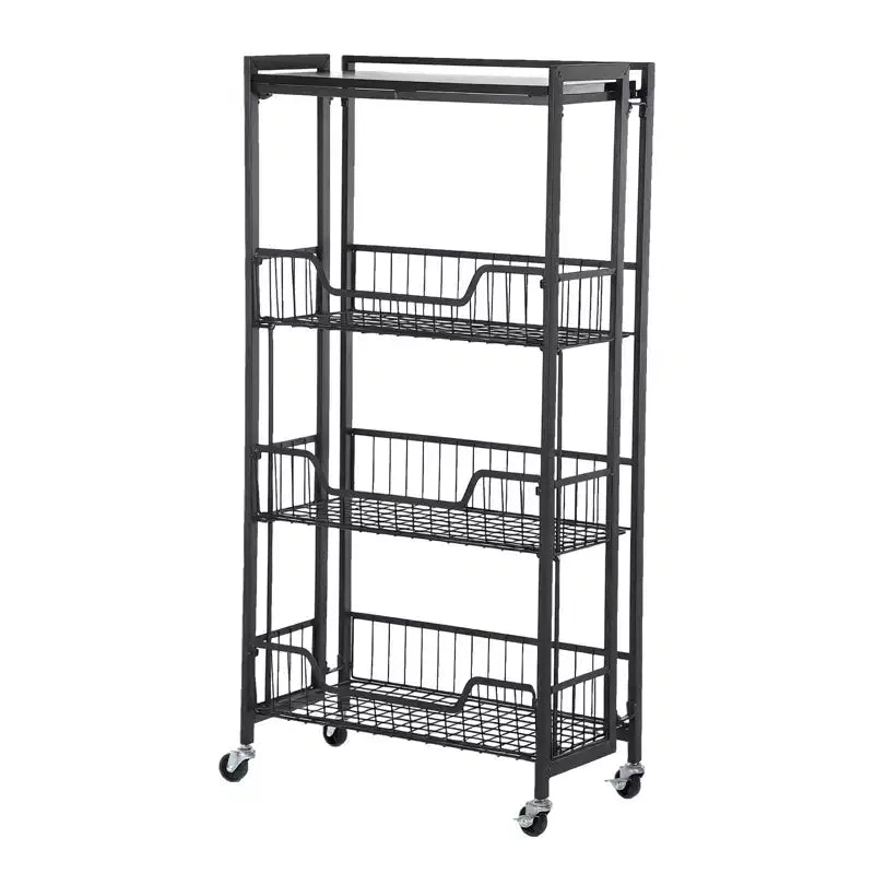 3-Tier Collapsible Kitchen Storage Cart, Iron Frame & Shelves, Space-Saving Pantry Organizer for Fruit, Snacks, Utility Cart with Locking Casters