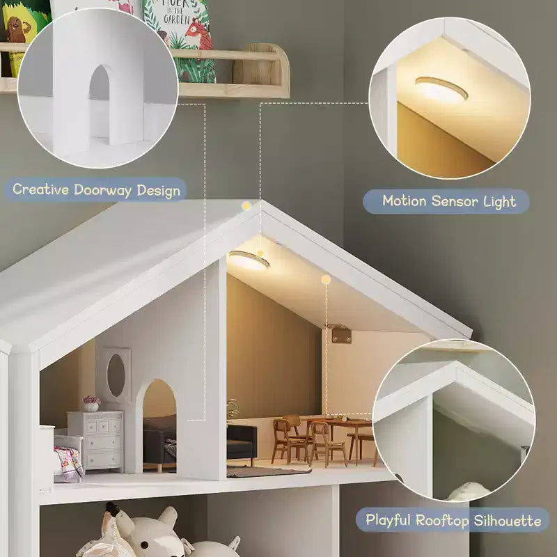 Kids Bookshelf w/ Motion Sensor Light, 2-Tier Wooden Toddler Bookcase & Toy Storage Organizer Cubby Cabinet for Playroom, Nursery & Classroom