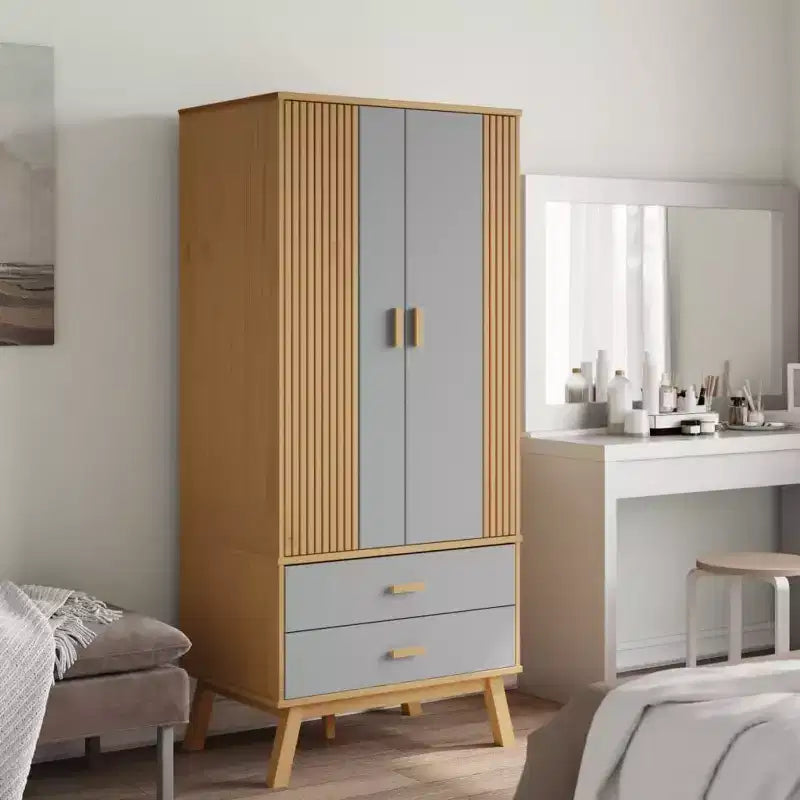 vidaXL Wardrobe Grey and Brown Solid Pine Wood, Engineered Wood