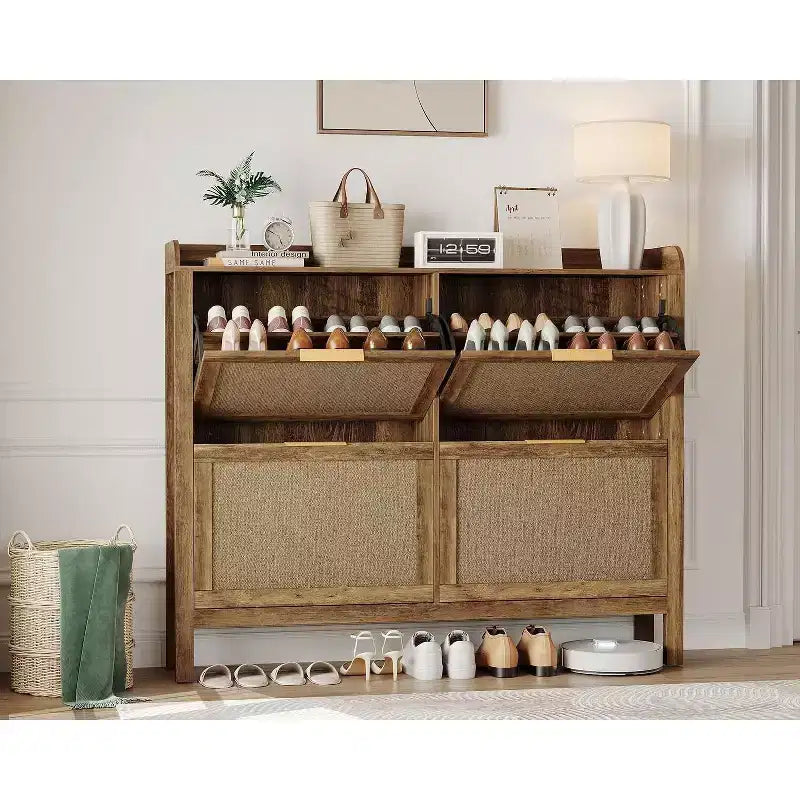 GustoWave Narrow Rattan Shoe Storage Cabinet with 4 Flip-Down Drawers, Brown