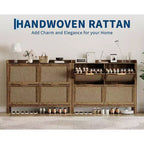 GustoWave Narrow Rattan Shoe Storage Cabinet with 4 Flip-Down Drawers, Brown