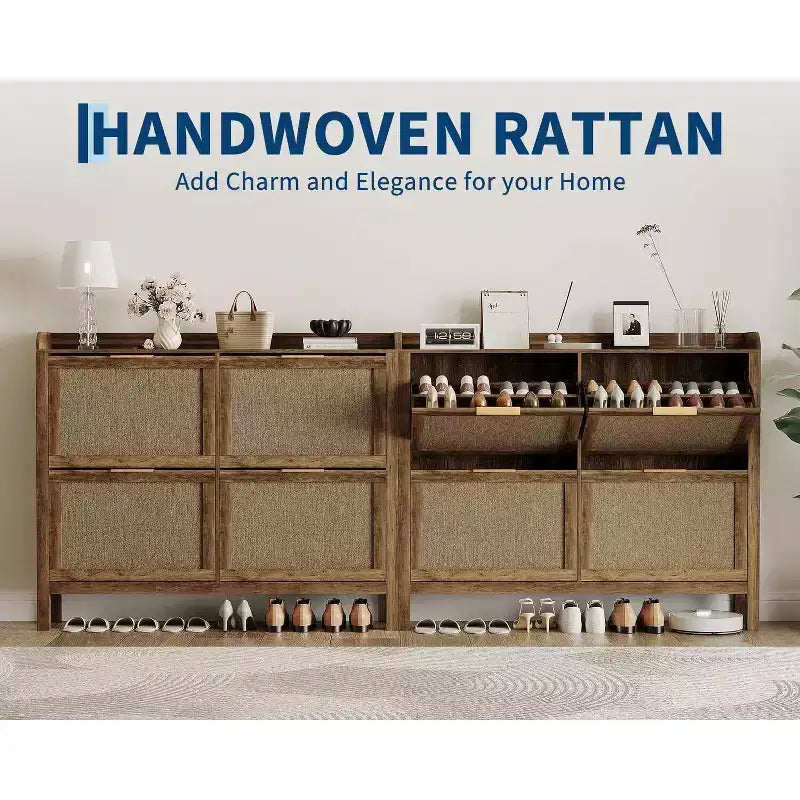 GustoWave Narrow Rattan Shoe Storage Cabinet with 4 Flip-Down Drawers, Brown