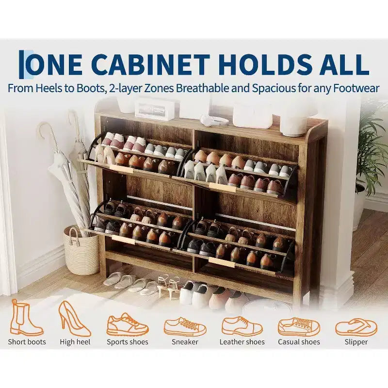 GustoWave Narrow Rattan Shoe Storage Cabinet with 4 Flip-Down Drawers, Brown