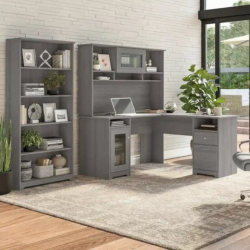 Scrivania ad L da 60" con ripiano superiore, libreria a 5 ripiani e cassetto per documenti, capacità del piano di 90 kg