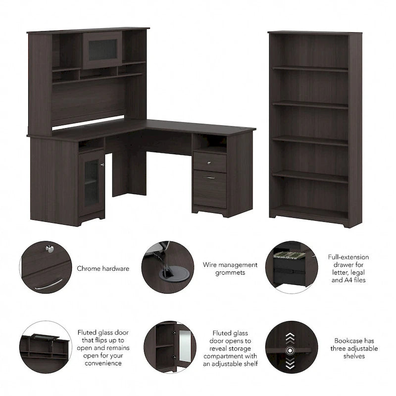Scrivania ad L da 60" con ripiano superiore, libreria a 5 ripiani e cassetto per documenti, capacità del piano di 90 kg