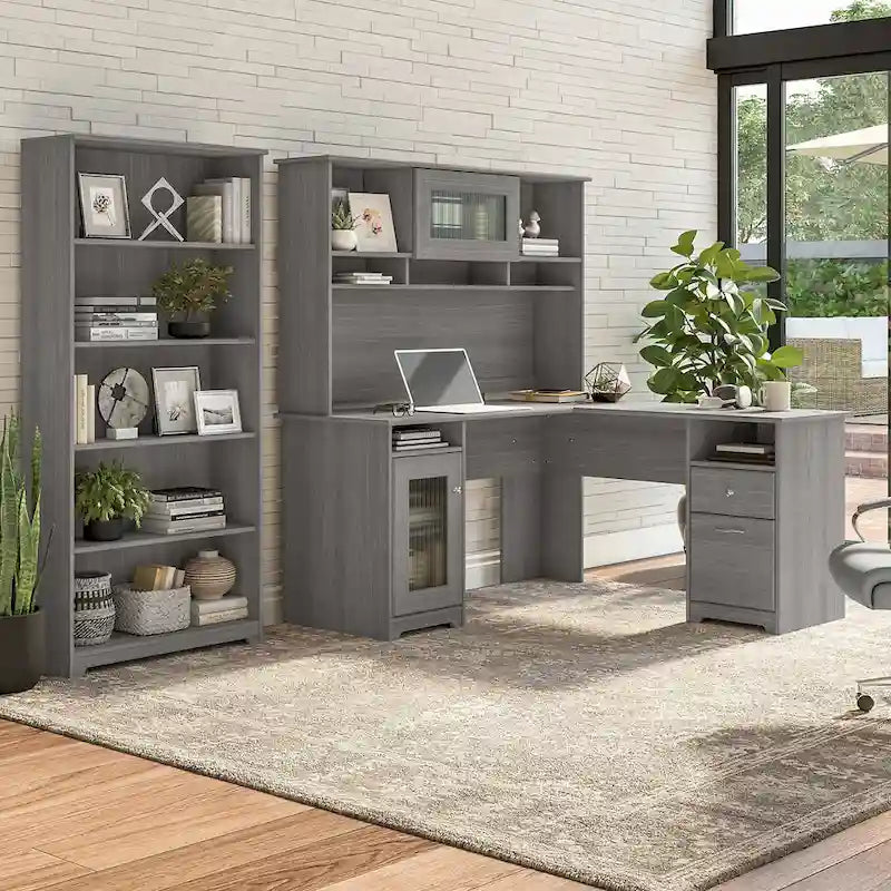 Scrivania ad L da 60" con ripiano superiore, libreria a 5 ripiani e cassetto per documenti, capacità del piano di 90 kg
