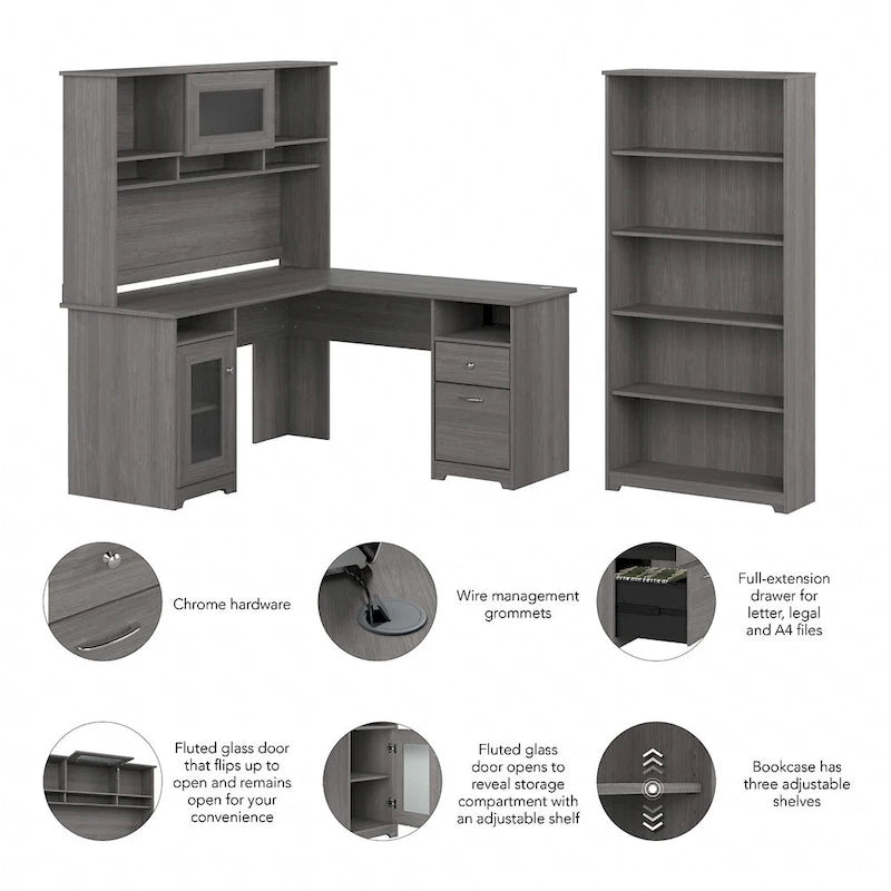 Scrivania ad L da 60" con ripiano superiore, libreria a 5 ripiani e cassetto per documenti, capacità del piano di 90 kg