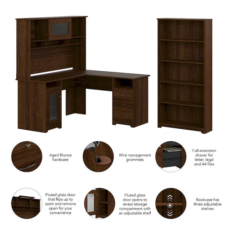 Scrivania ad L da 60" con ripiano superiore, libreria a 5 ripiani e cassetto per documenti, capacità del piano di 90 kg