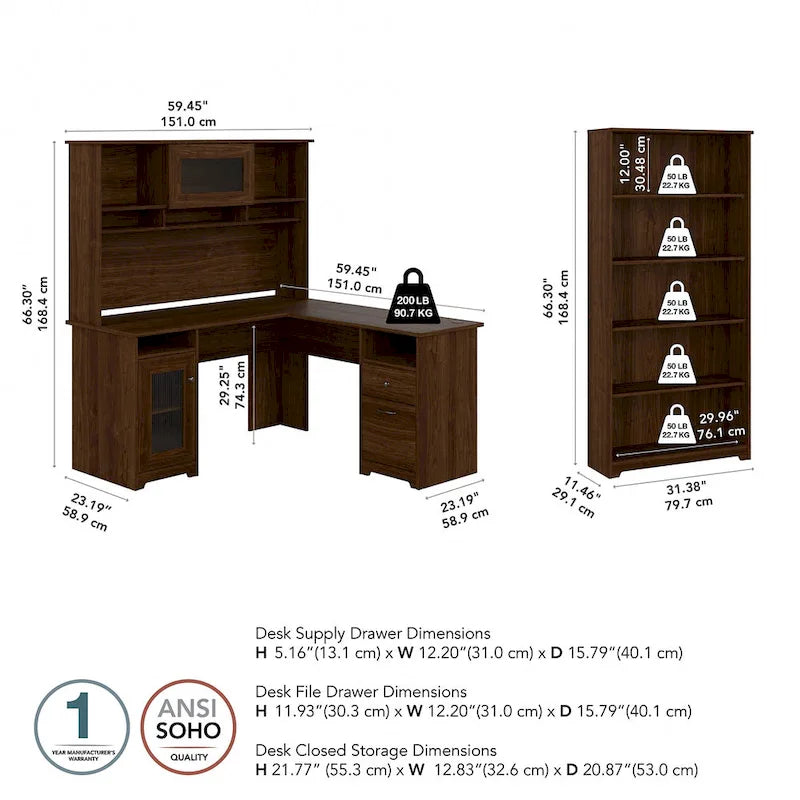 Scrivania ad L da 60" con ripiano superiore, libreria a 5 ripiani e cassetto per documenti, capacità del piano di 90 kg