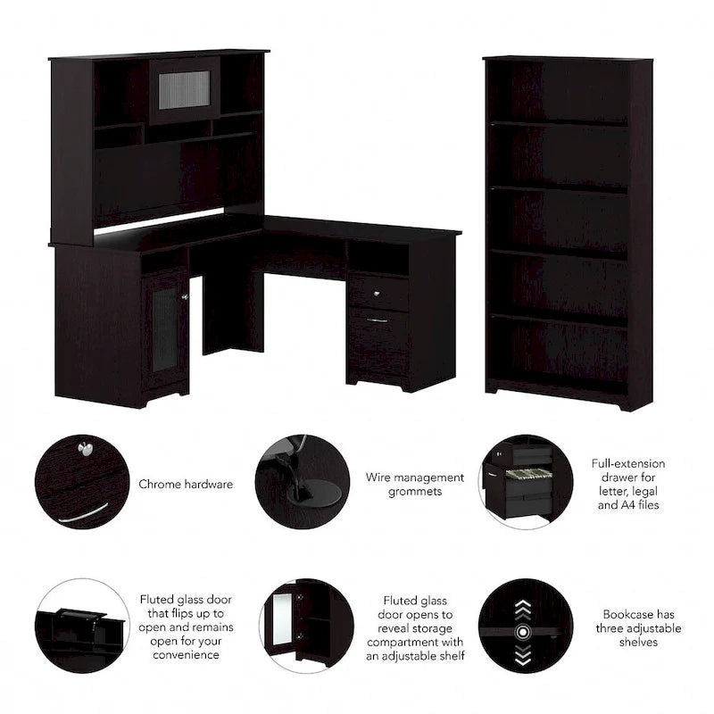 Scrivania ad L da 60" con ripiano superiore, libreria a 5 ripiani e cassetto per documenti, capacità del piano di 90 kg