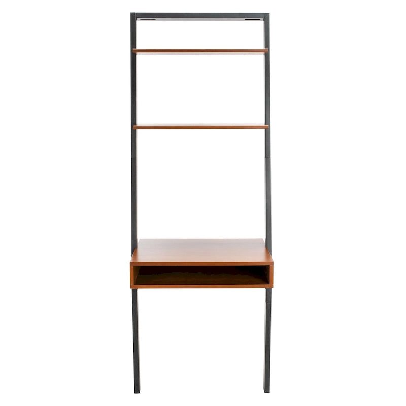 Scrivania inclinata industriale in stile rustico con 2 ripiani aperti, finitura mogano e telaio in metallo color antracite