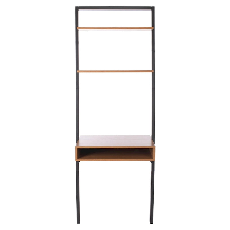 Scrivania inclinata industriale in stile rustico con 2 ripiani aperti, finitura mogano e telaio in metallo color antracite